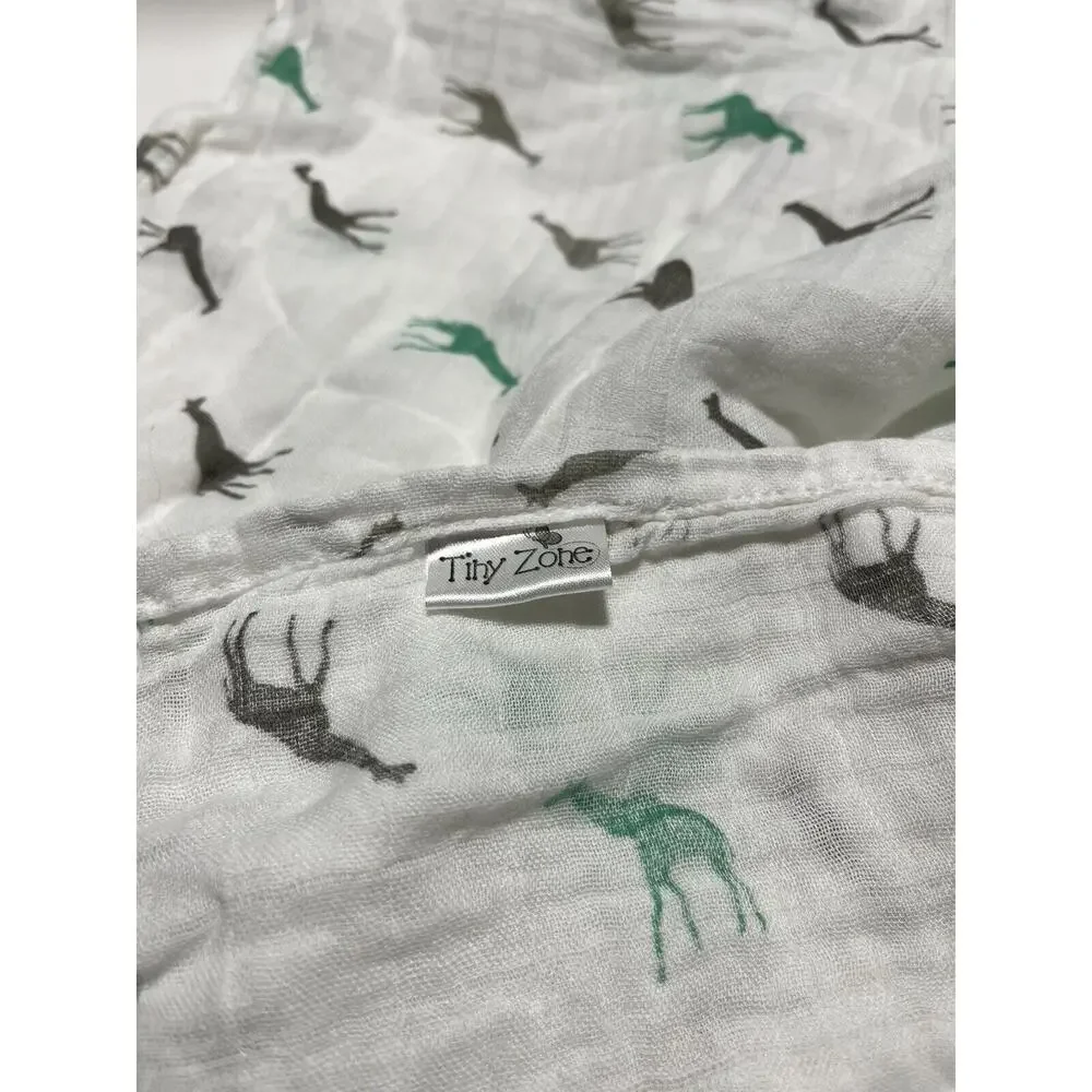 Tiny Zone Gray Green Giraffe Muslin Swaddle Baby Blanket Bamboo Cotton Blend